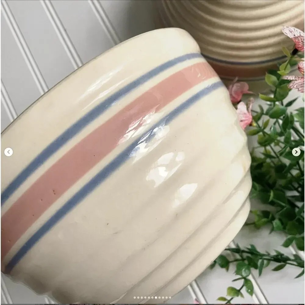 Vintage McCoy Pink Blue Stripe Beehive Nesting Stoneware Mixing Bowls Crazed PR